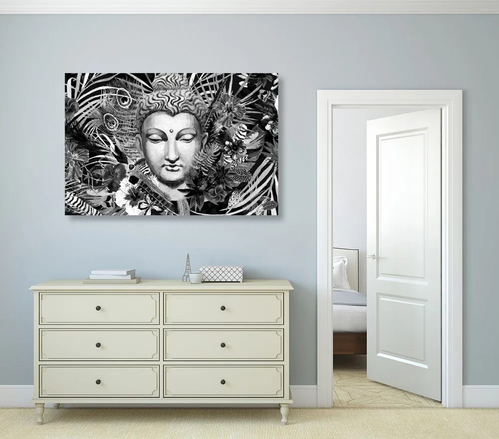 Quadro su tela – Buddha su sfondo esotico in bianco e nero