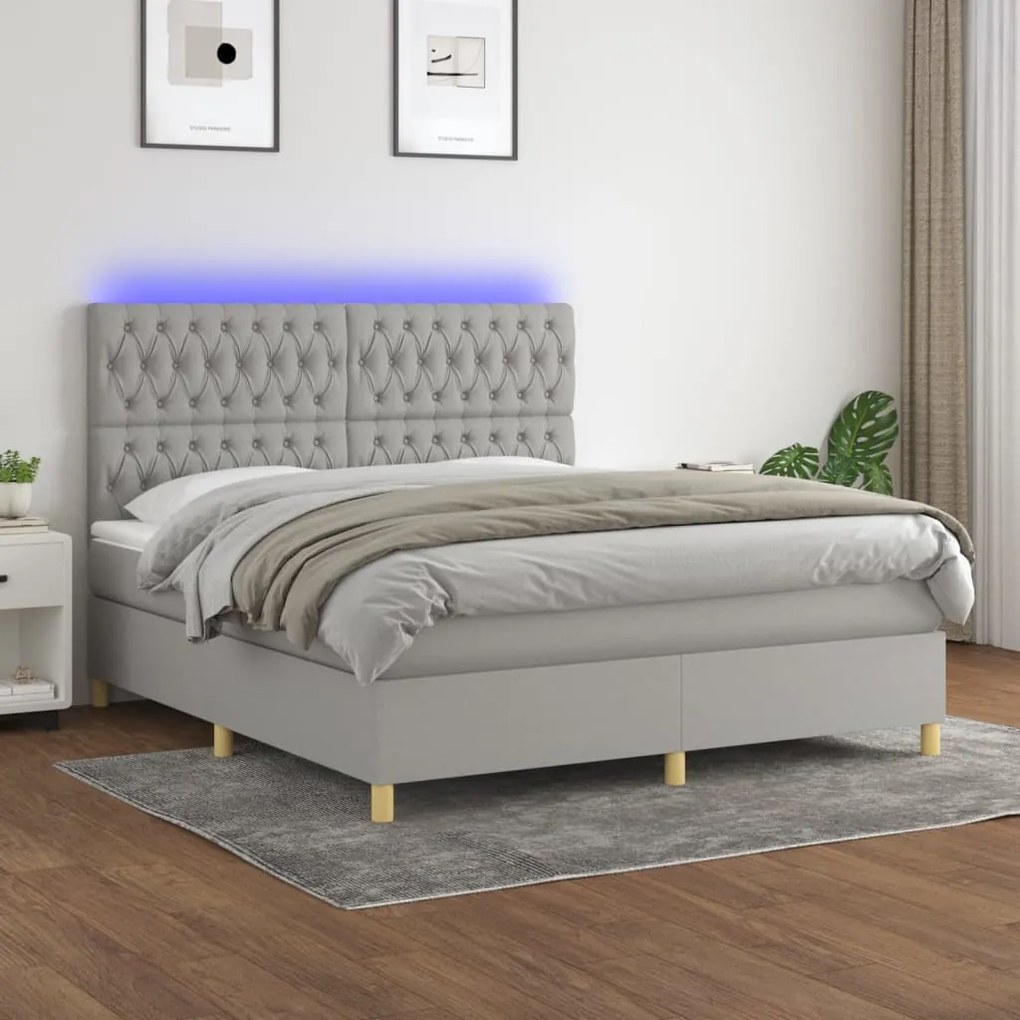 Letto a molle materasso e led grigio chiaro 160x200 cm tessuto