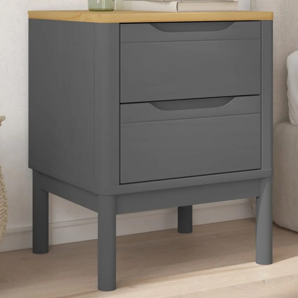 Comodino Floro Grigio 45x39x57 Cm İn Legno Massello Di Pino /