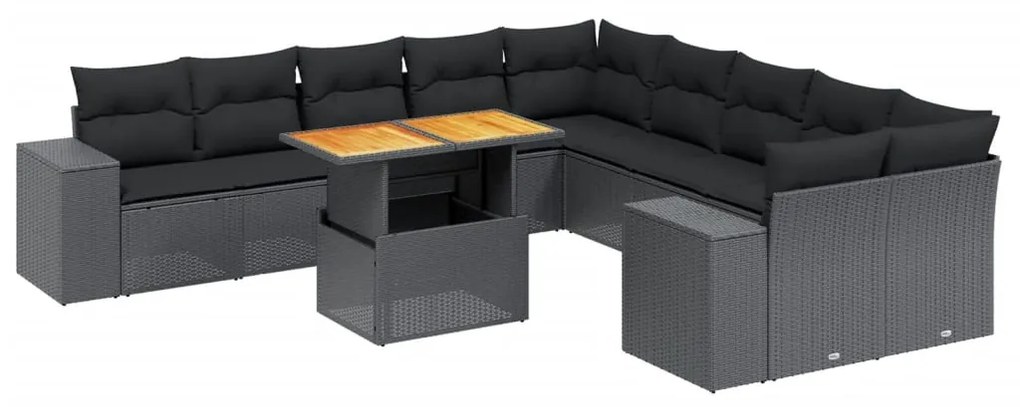 Set divani da giardino 11 pz con cuscini in polyrattan nero