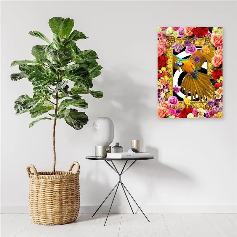 Quadro su tela, Pappagallo fiori colorati rose  Dimensioni 40x60