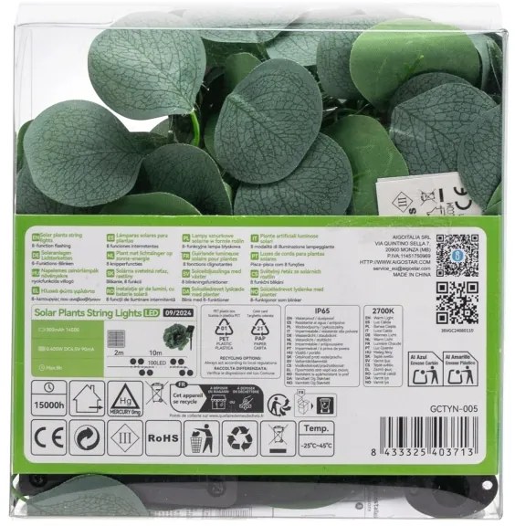 Aigostar - Catena LED solare 100xLED/12m IP65 bianco caldo eucalipto