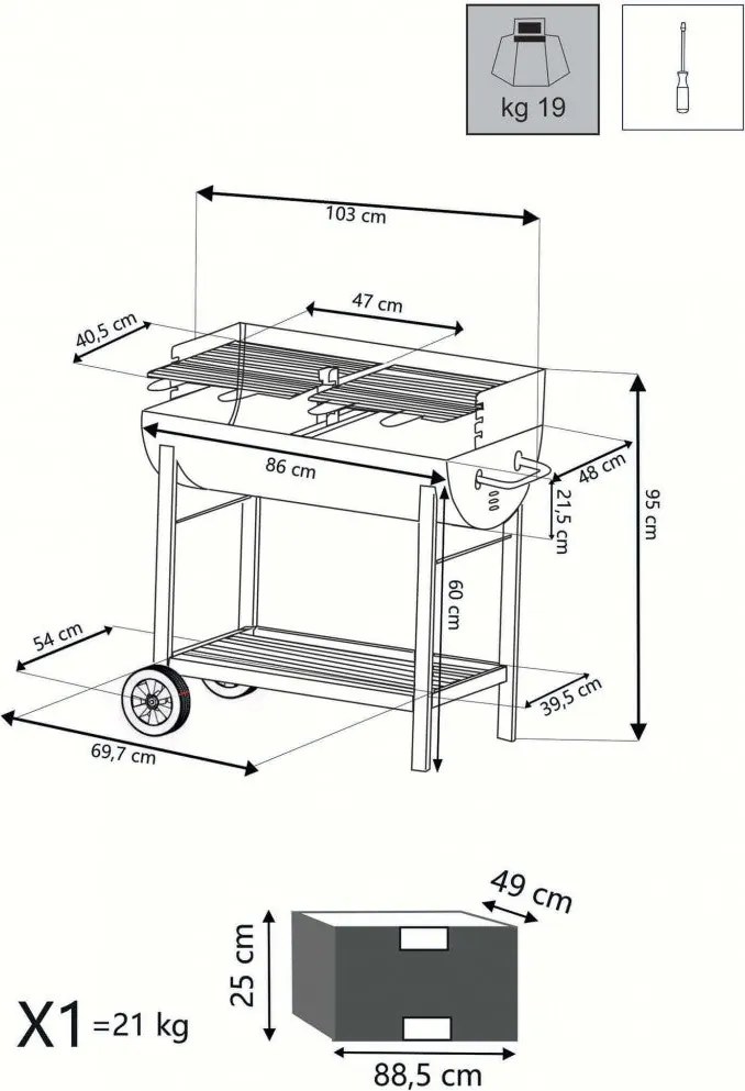 Barbecue a Carbonella 100x47x94 h cm in Acciaio Nero...