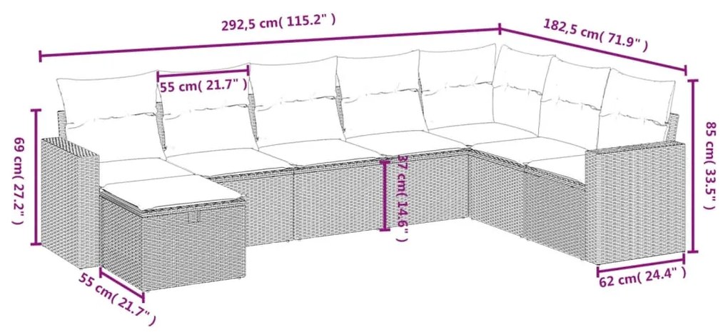 Set divano da giardino 8 pz con cuscini beige misto polyrattan