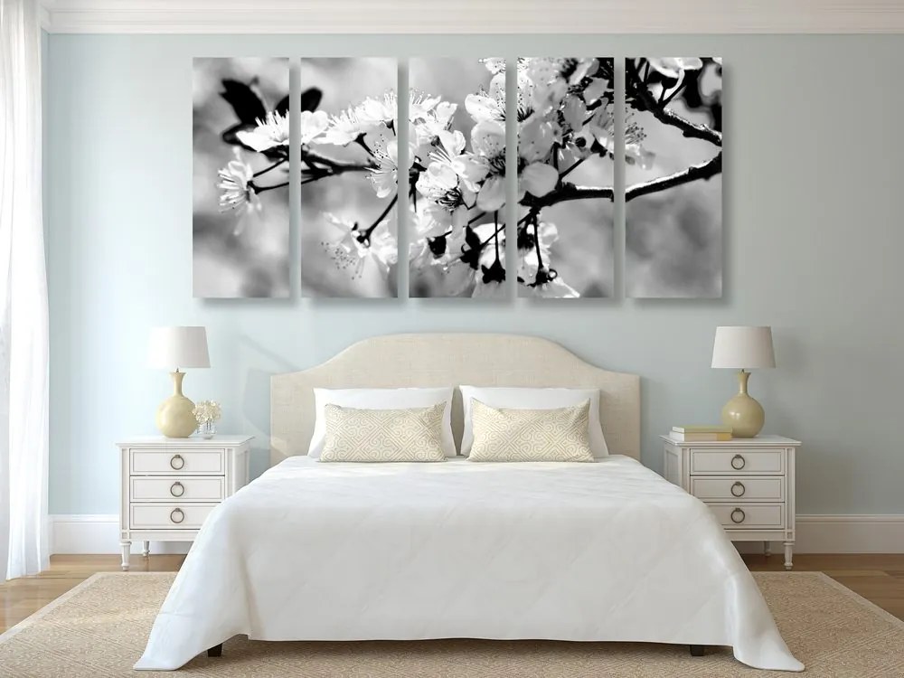 Quadri 5 pezzi – Fiore di ciliegio in bianco e nero