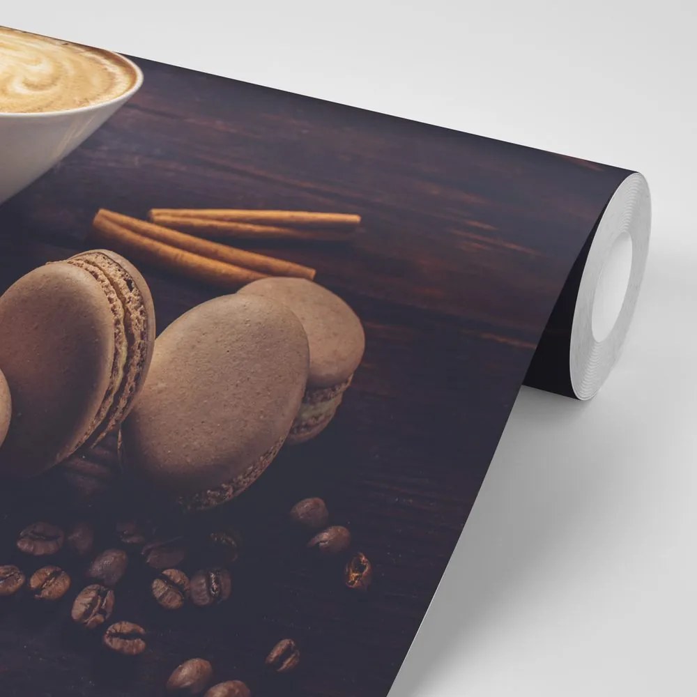 Carta da parati autoadesiva – Caffè con macarons al cioccolato