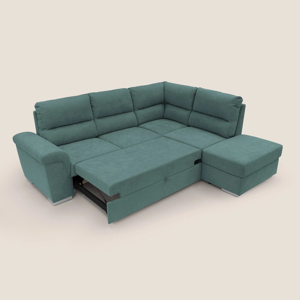 Minerva divano angolare con estraibile a cassettone e pouf contenitore in tessuto morbido impermeabile T02