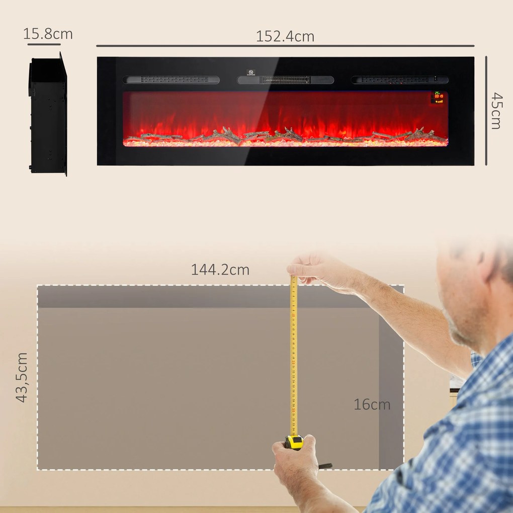 Camino Elettrico da Parete 1800W con Telecomando e Display LCD 152,4x15,8x45 cm Nero...
