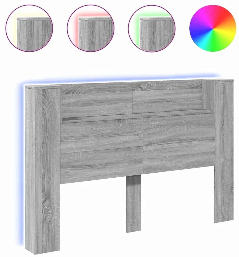 Testiera con contenitore a led grigio sonoma 160x16,5x103,5 cm