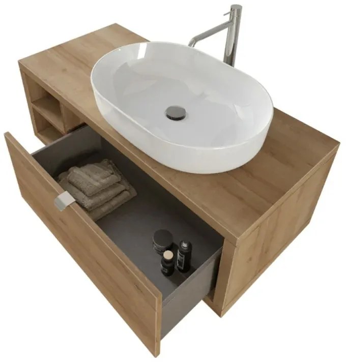 Mobile bagno sospeso 110 cm rovere miele Master lavabo 42,5 e specchio 80