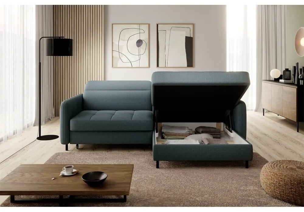 Divano angolare verde polveroso allungabile/con contenitore (con penisola a destra/con chaise lounge) e rivestimento in velluto Gomsi – ELTAP