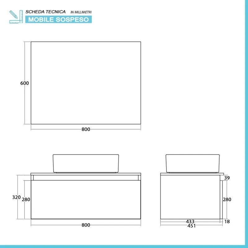 Mobile bagno sospeso 80 cm bianco e rovere con lavabo e specchio Kleo