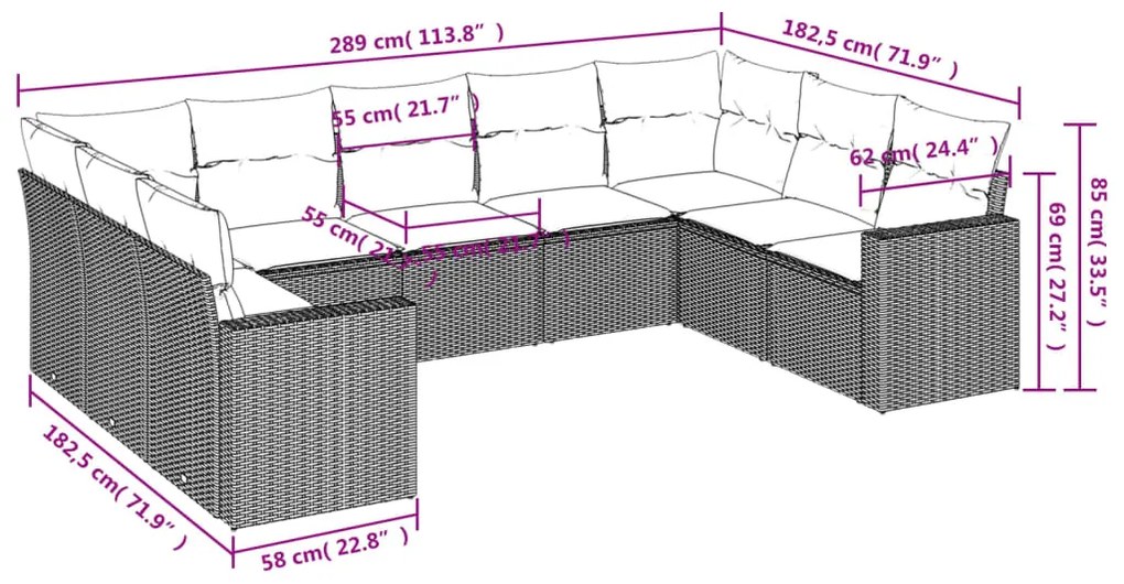 Set divani da giardino 9 pz con cuscini nero in polyrattan