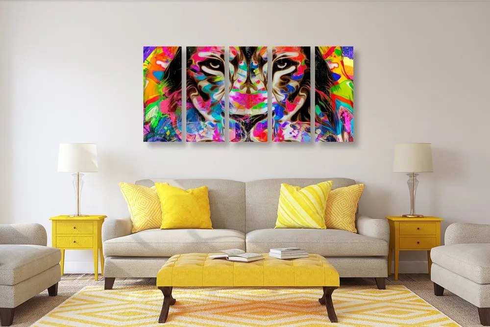Quadri 5 pezzi – Testa di leone colorata