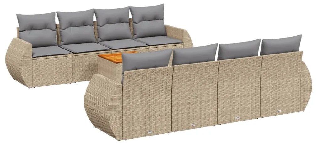 Set divano da giardino 9 pz con cuscini beige in polyrattan