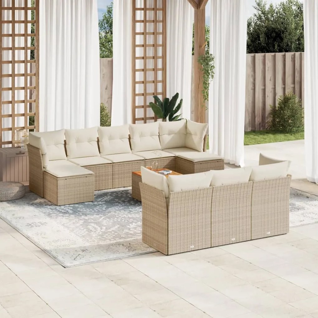 Set divani da giardino 11 pz con cuscini beige in polyrattan