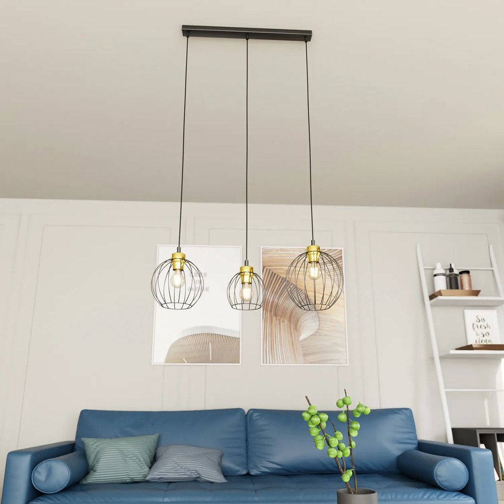 Sospensione Minimal Industrial Hathor 3 Luci Lineari Nera E Oro