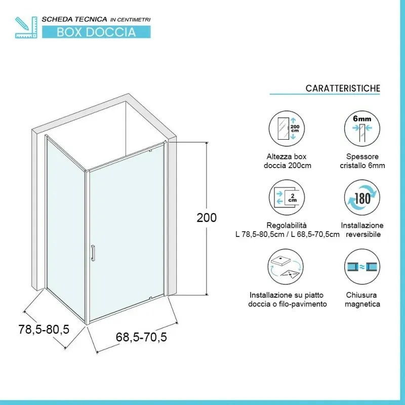 Box doccia angolare 80x70 cm con porta battente in cristallo serigrafato Ted