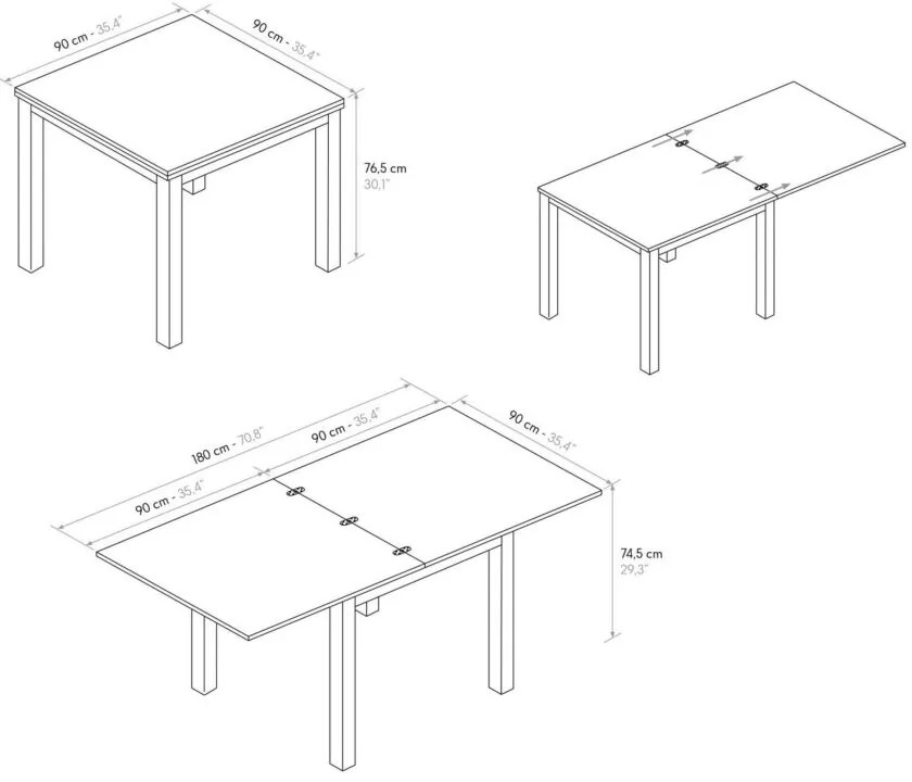 Tavolo POSITANO in legno effetto rovere e gambe bianche, allungabile a libro 90&#215;90 cm &#8211; 180&#215;90 cm