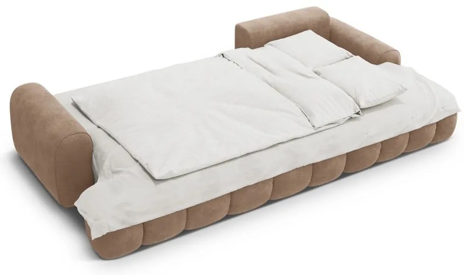 Divano angolare marrone chiaro allungabile/con contenitore (con penisola a destra/con chaise lounge) con rivestimento in velluto Linz – Cosmopolitan Design