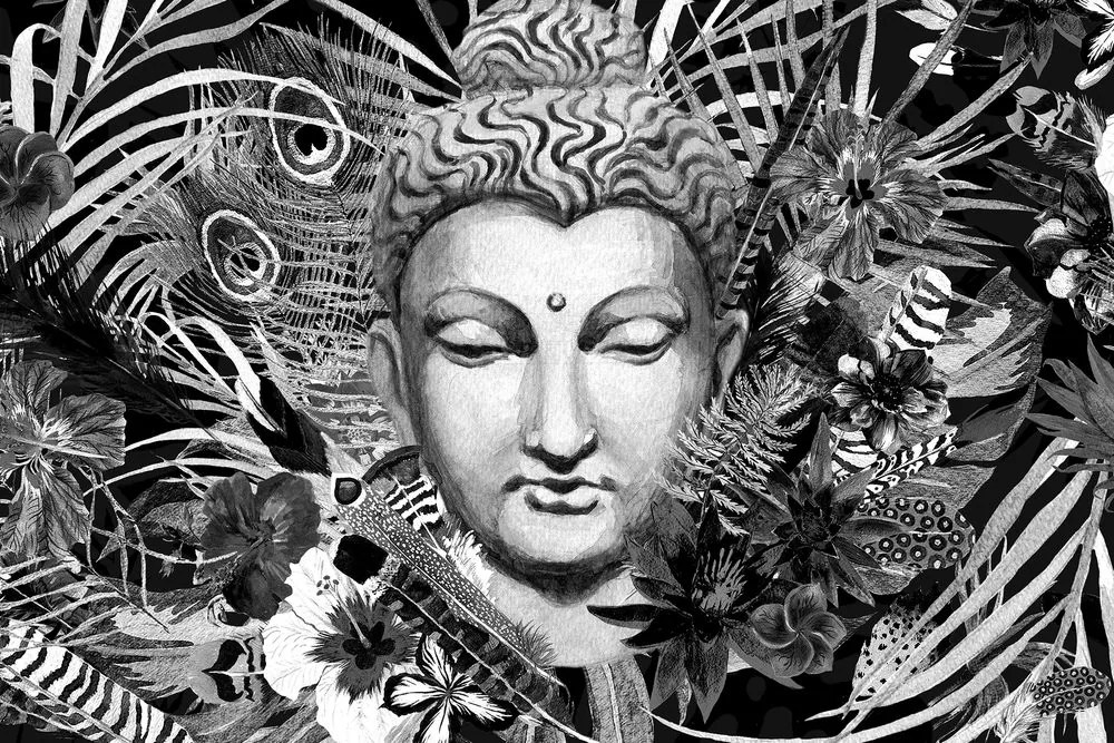 Quadro su tela – Buddha su sfondo esotico in bianco e nero