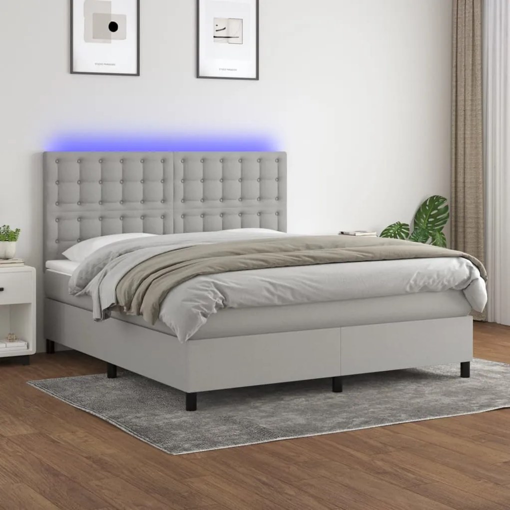 Letto a molle materasso e led grigio chiaro 180x200 cm tessuto