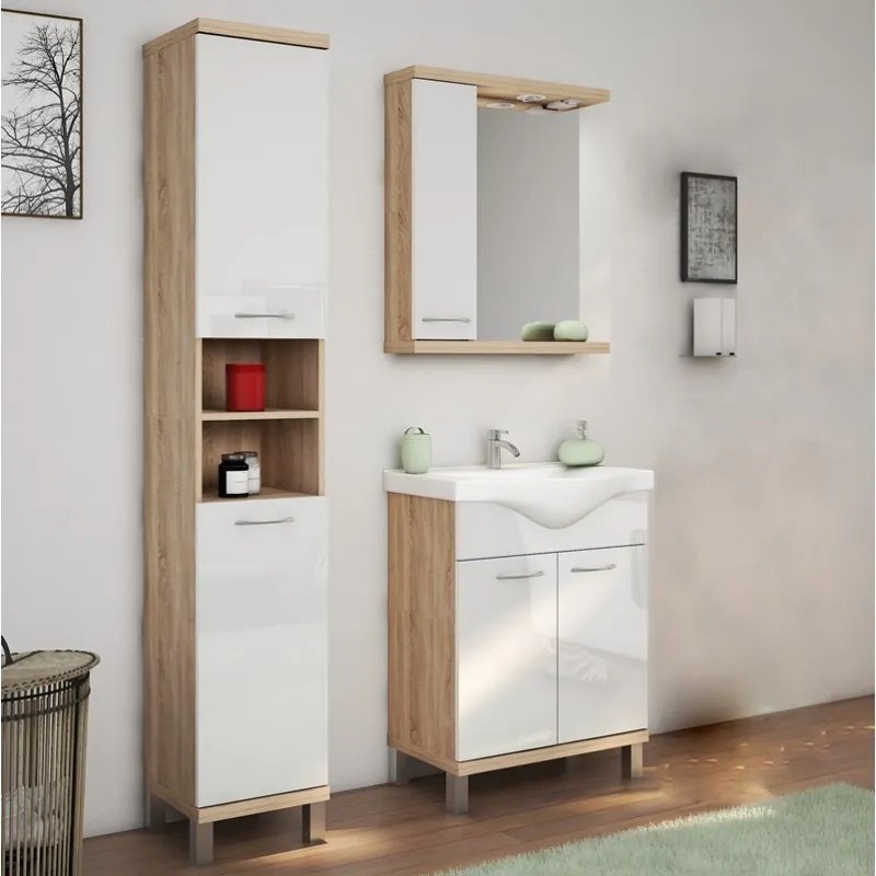 Kamalu - Specchio bagno 65 cm contenitore bicolore bianco e legno chiaro | LAC-ESTIA-65