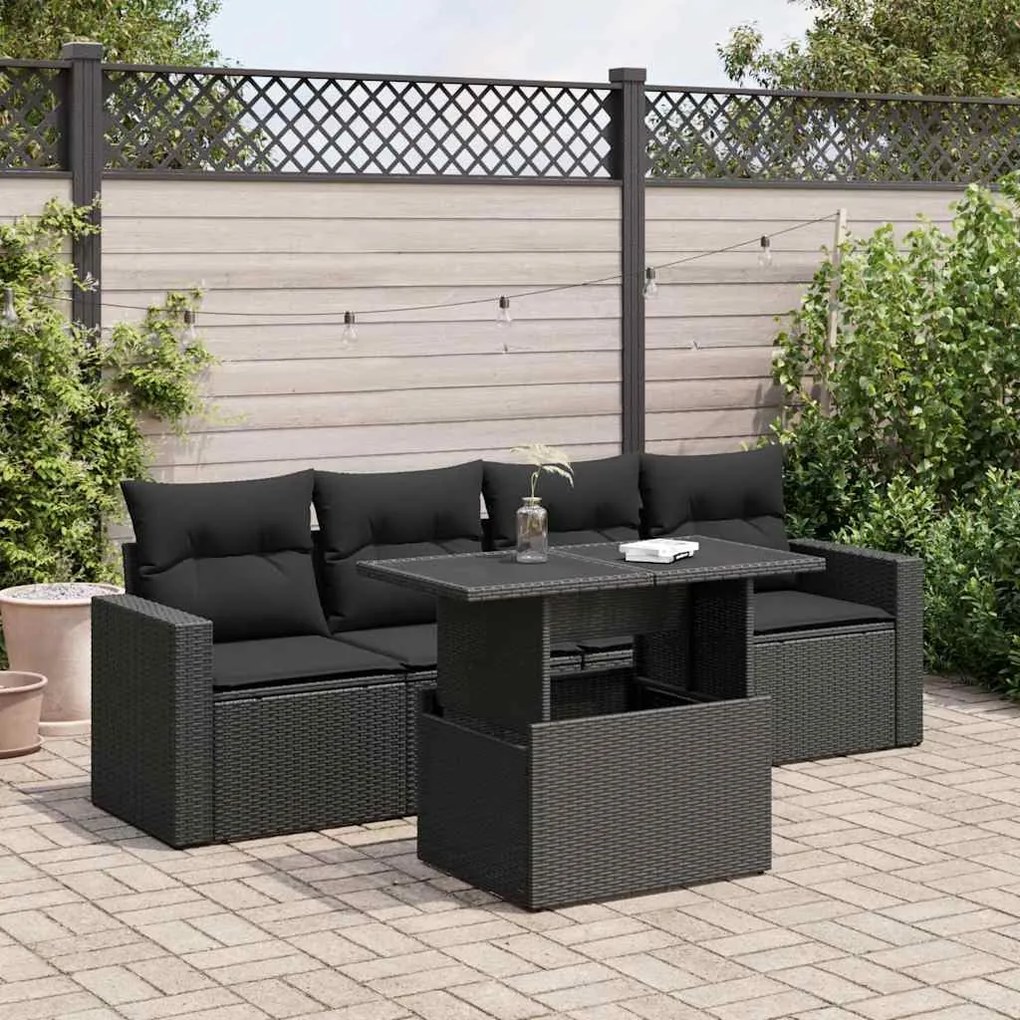 Set divani da giardino 5 pz con cuscini in polyrattan nero