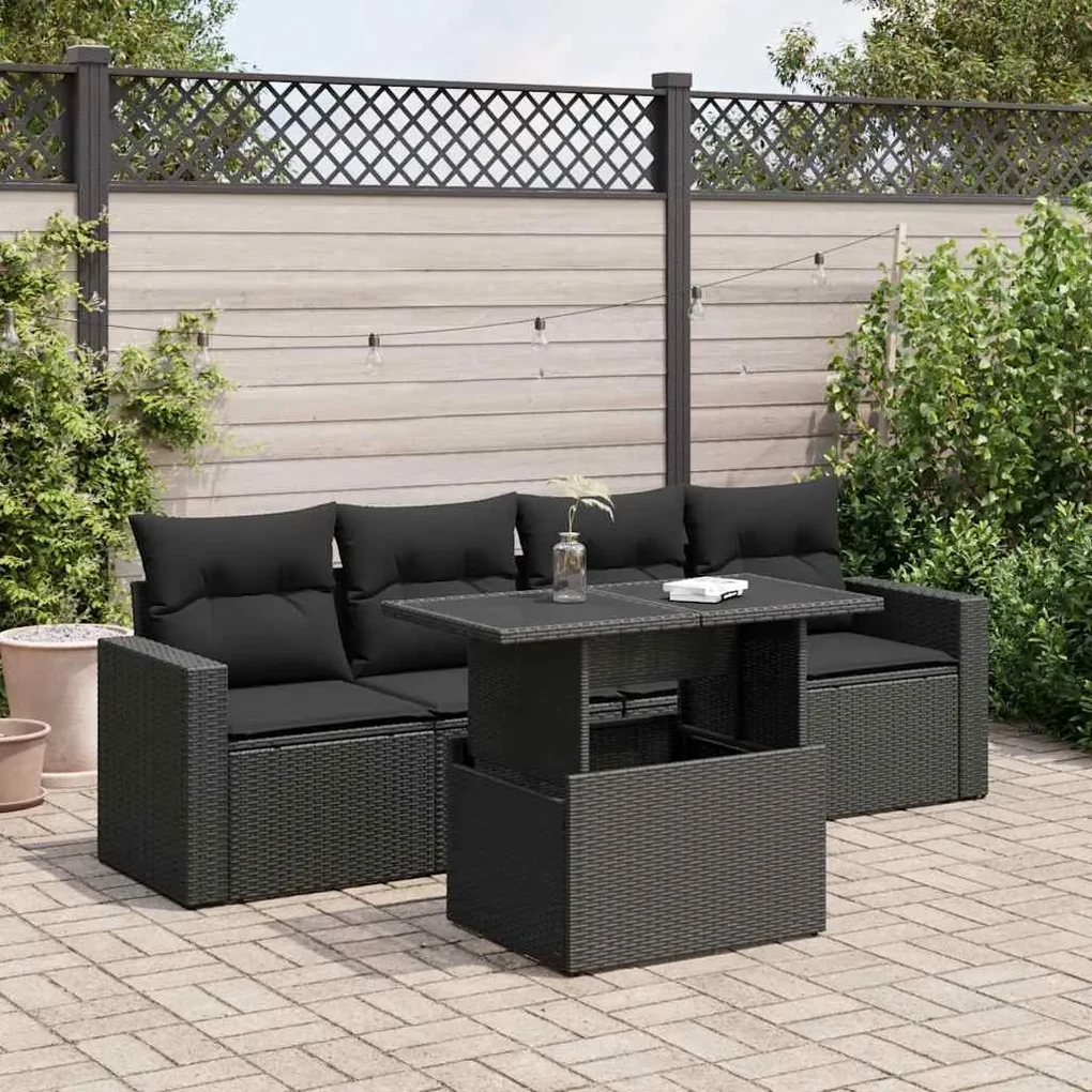 Set divani da giardino 5 pz con cuscini in polyrattan nero
