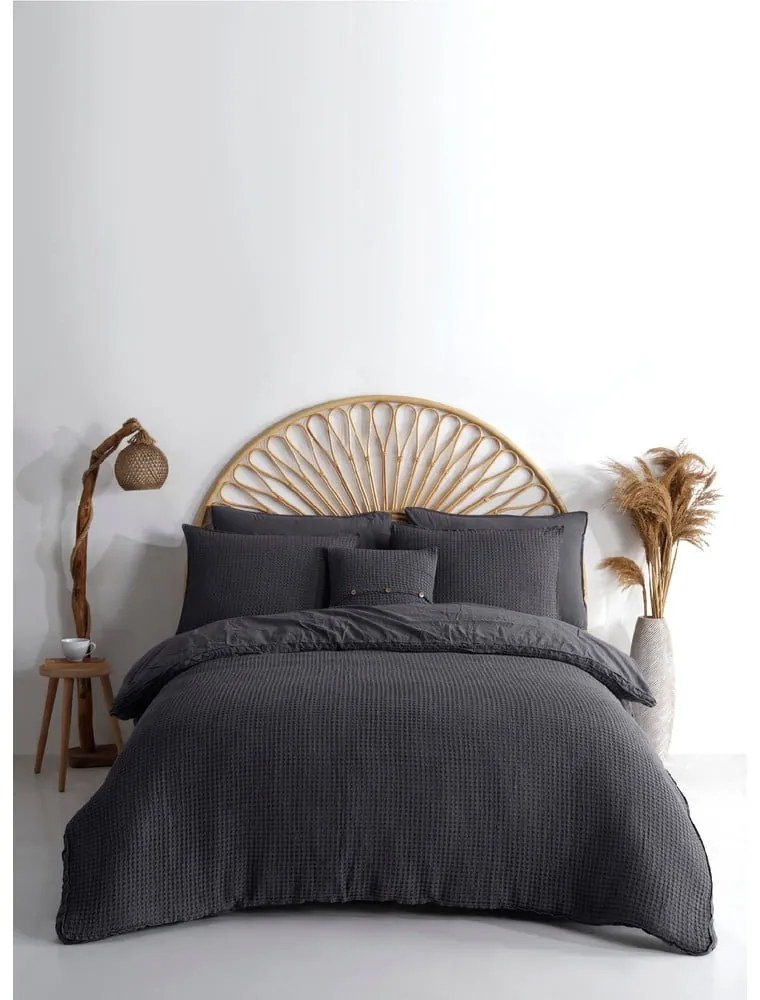 Set copripiumino e federa color antracite in cotone renforcé per letto singolo 140x200 cm Waffle Striped – Mila Home Luxury