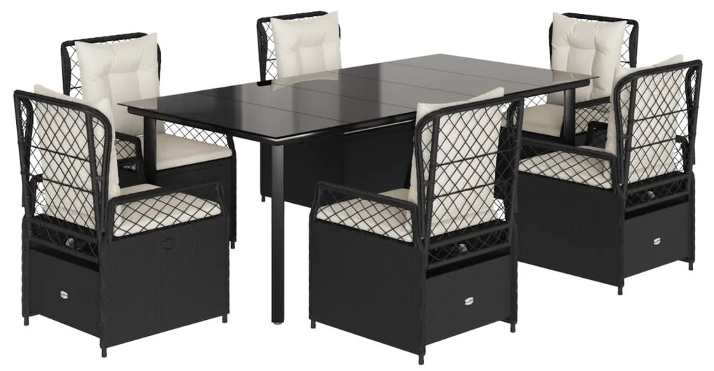 Set da pranzo da giardino 7 pz nero con cuscini in polyrattan
