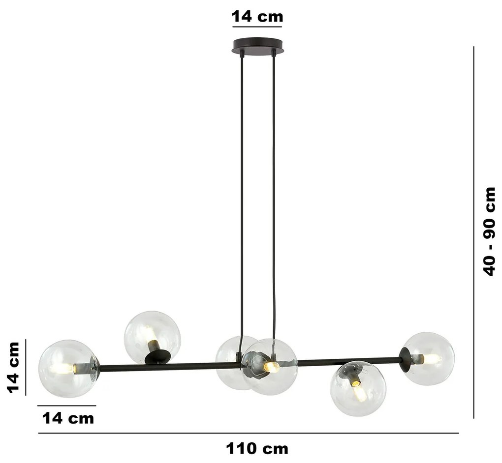 Lampadario Contemporaneo 6 Luci Durga In Acciaio Nero E Sfere Vetro Trasparente