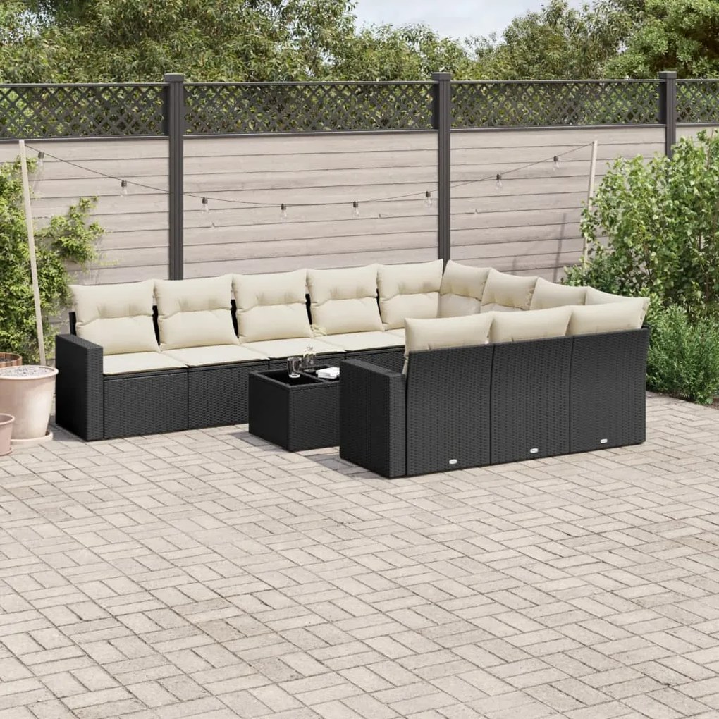 Set divani da giardino 11 pz con cuscini in polyrattan nero