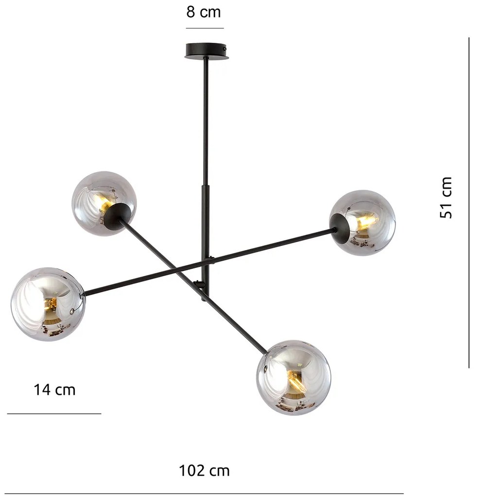 Lampadario 4 Luci Yama In Acciao Nero Con Bracci Regolabili E Vetro Fumè