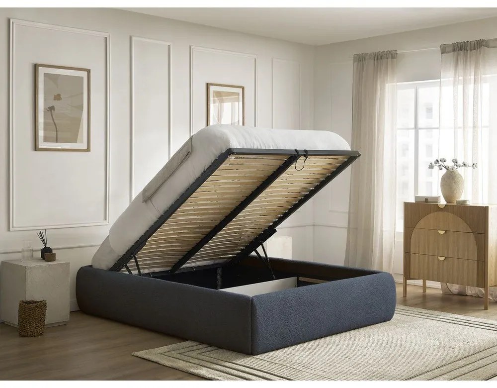 Letto matrimoniale imbottito blu scuro con contenitore/senza testiera con rete inclusa 180x200 cm Inera – Bobochic Paris
