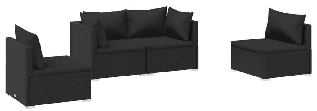 Set divani da giardino 4 pz con cuscini in polyrattan nero