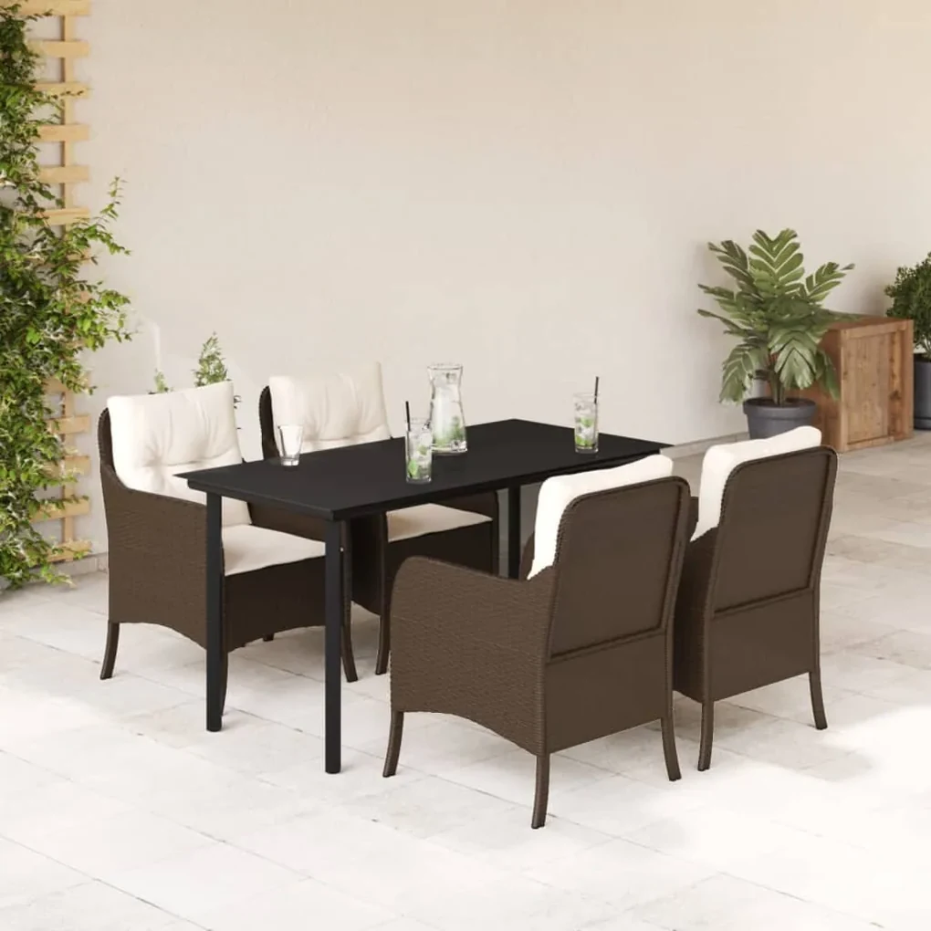 Set da pranzo da giardino 5pz con cuscini in polyrattan marrone