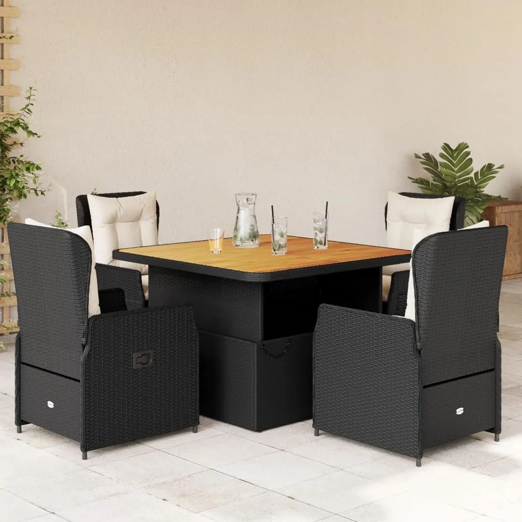 Set da pranzo da giardino 5 pz nero con cuscini in polyrattan