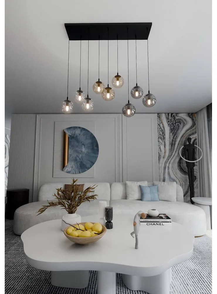 Lampadario a Sospensione in Acciaio e Vetro COSMO 9 Nero 9xE14 Colore delle Sfere Grafite, Trasparente, Ambrata