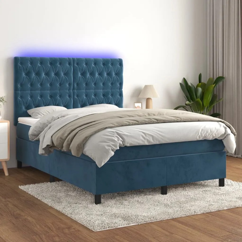 Letto a molle con materasso e led blu scuro 140x190 cm