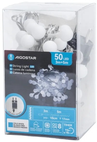 Aigostar - Catena luminosa decorativa LED per esterni 50xLED/3,6W/230V/8 funzioni 5m IP44 bianco freddo
