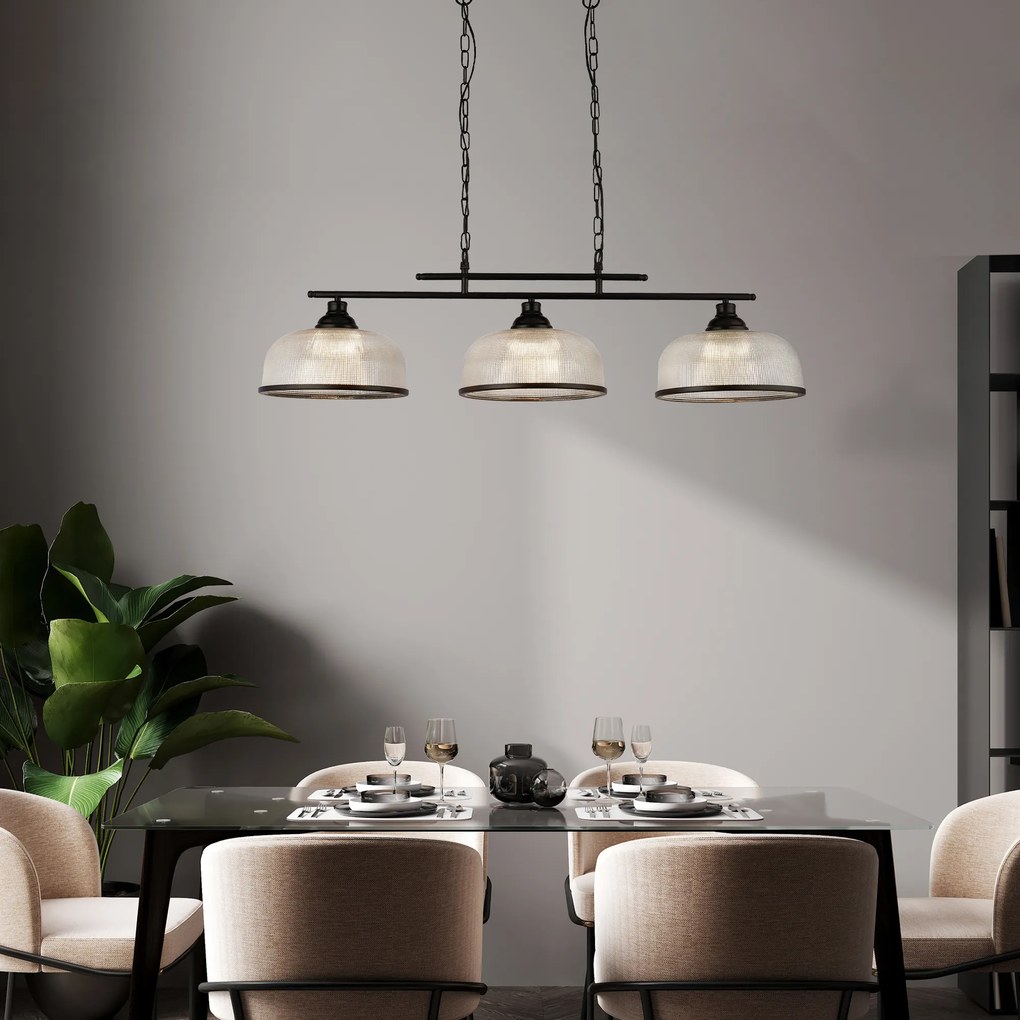 Lampadario Rustico-Country Highworth Acciaio Bianco Vetro Nero 3 Luci E27