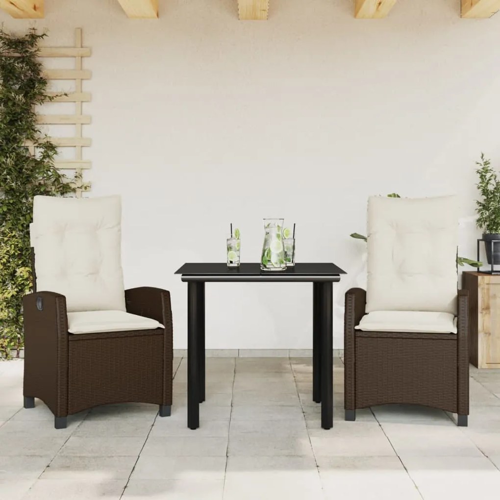 Set da Pranzo da Giardino 3pz con Cuscini in Polyrattan Marrone