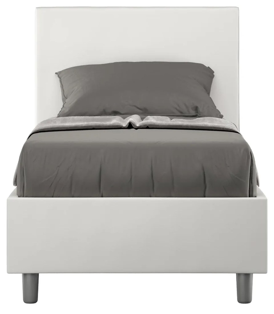Letto singolo imbottito similpelle Adele senza rete, con rete e contenitore, Bianco / Contenitore