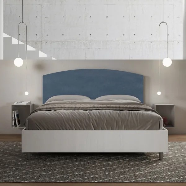 Letto contenitore da 160x190 in legno bianco e testata in microfibra blu Antilia