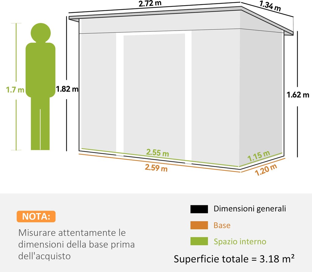 Casetta da Giardino 272x134 cm con Porte Scorrevoli Doppie e 2 Prese d'Aria in Acciaio Verde...