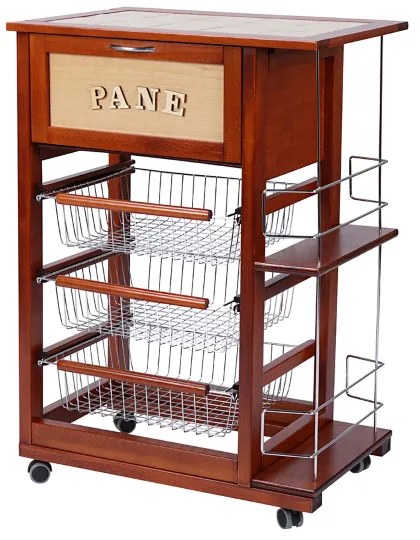 Carrello portapane con portabottiglie e cesti portafrutta Ciliegio