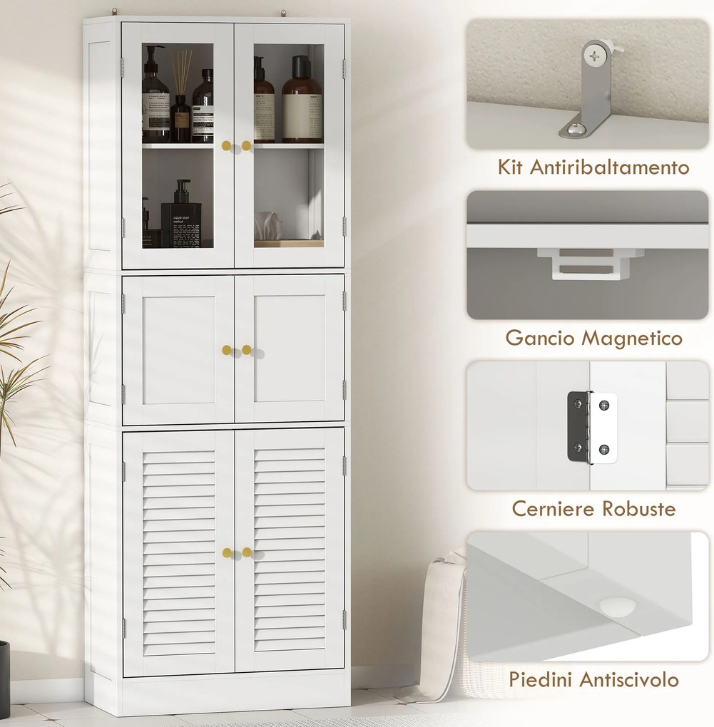 Mobile Bagno 60x30x170 cm con 3 Armadietti a 2 Ante in Vetro e Legno  Bianco...