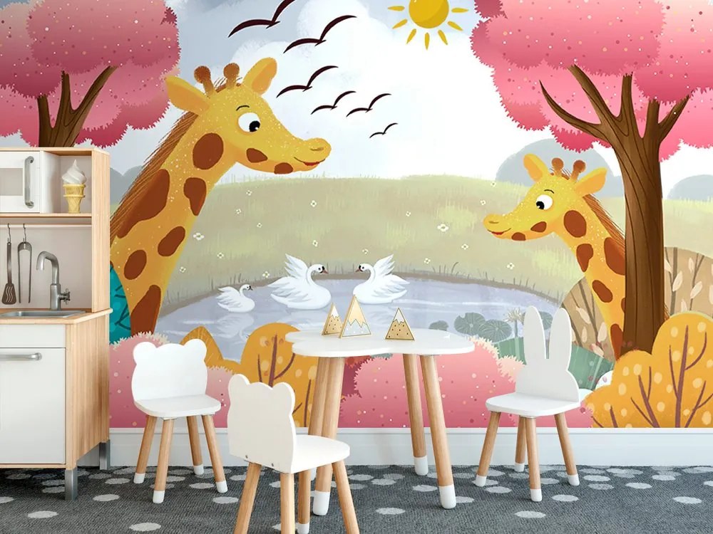 Carta da parati autoadesiva – Giraffe presso lo stagno