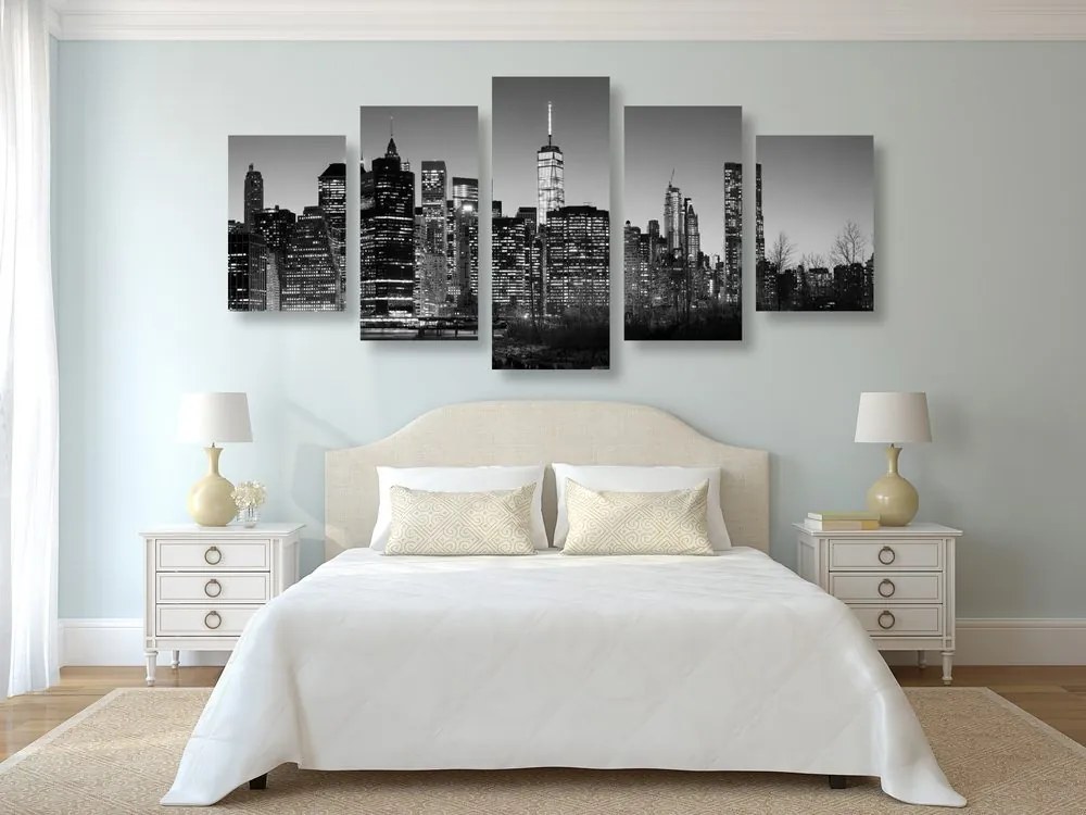Quadri 5 pezzi – Centro di New York in bianco e nero